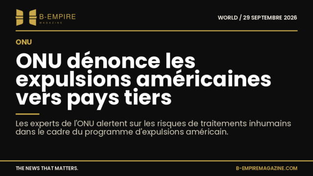 Visuel sombre avec texte blanc et or annonçant la dénonciation par l'ONU du programme américain d'expulsions vers pays tiers