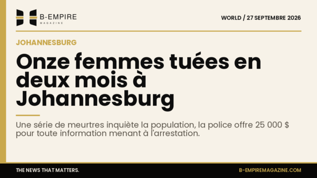 Texte sur fond papier avec bande or en haut, titre en encre évoquant onze meurtres de femmes à Johannesburg et récompense policière.