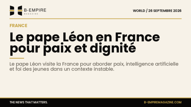 Photo stylisée du pape Léon en visite en France, symbolisant paix, dignité humaine et technologie