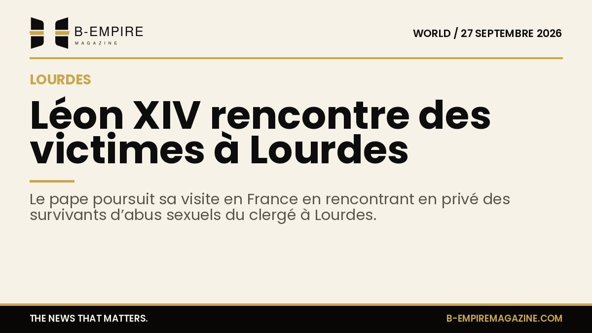 Photo sobre sur fond papier avec le titre Léon XIV rencontre des victimes à Lourdes, évoquant la visite du pape et la rencontre privée avec des survivants d’abus
