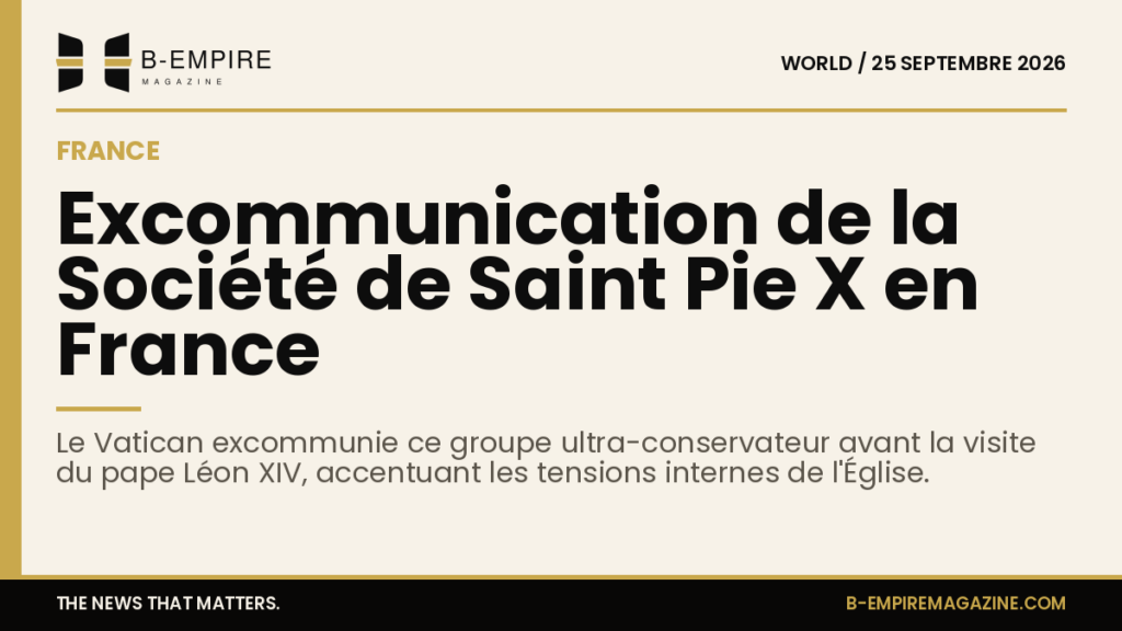 Visuel avec une bande or sur fond papier et un titre en encre annonçant l'excommunication de la Société de Saint Pie X en France
