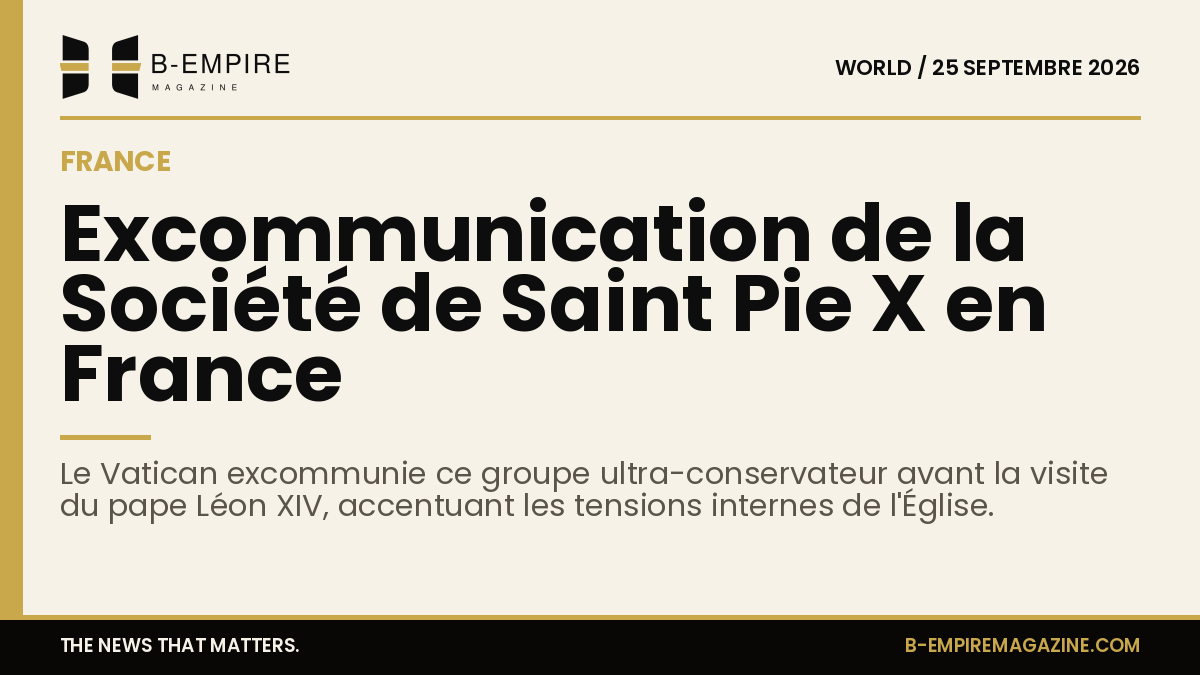 Visuel avec une bande or sur fond papier et un titre en encre annonçant l'excommunication de la Société de Saint Pie X en France