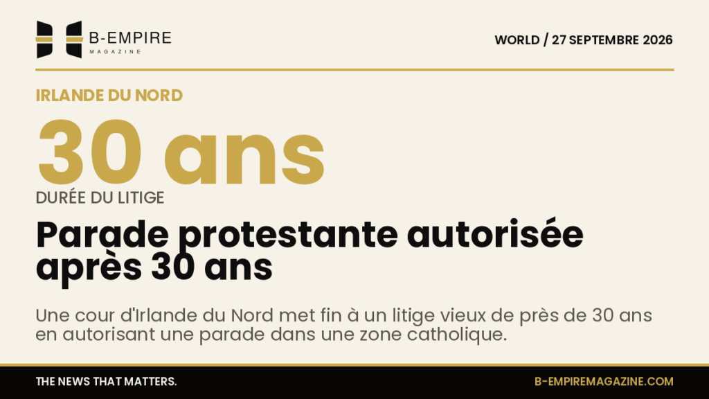 Image symbolique d'une parade en Irlande du Nord avec des drapeaux et des forces de police en arrière-plan