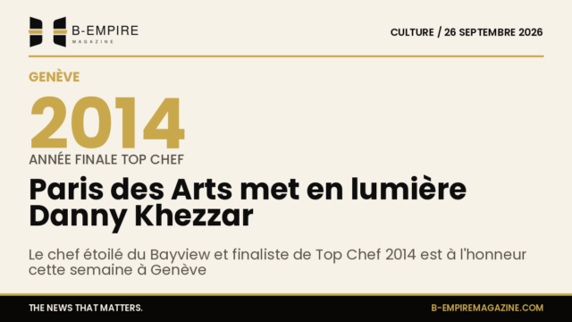 Affiche promotionnelle de Paris des Arts à Genève avec une photo du chef Danny Khezzar en cuisine