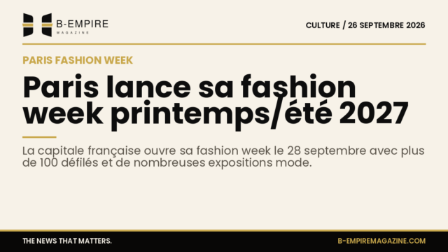 Affiche stylisée de la fashion week de Paris avec des silhouettes de mannequins et des éléments graphiques en encre et or sur fond papier.