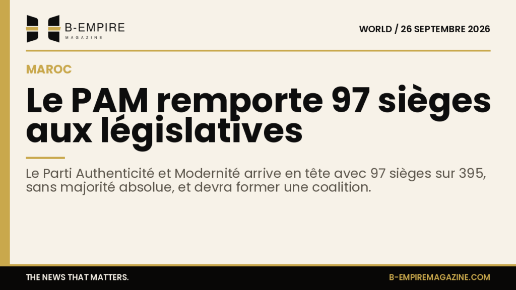 Titre Le PAM remporte 97 sièges aux législatives sur fond papier avec bande or et texte en encre