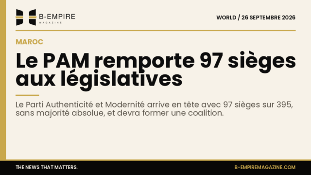 Titre Le PAM remporte 97 sièges aux législatives sur fond papier avec bande or et texte en encre