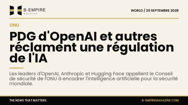 Portraits des PDG d'OpenAI, Anthropic et Hugging Face sur un fond évoquant l'ONU et l'intelligence artificielle.