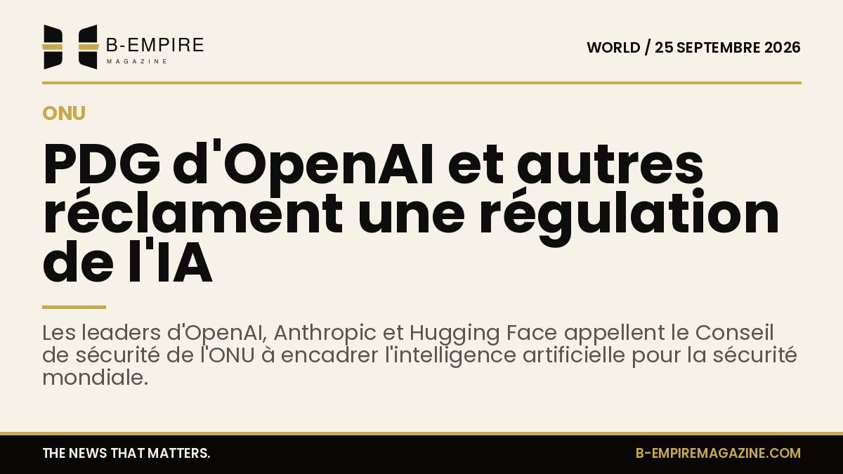 Portraits des PDG d'OpenAI, Anthropic et Hugging Face sur un fond évoquant l'ONU et l'intelligence artificielle.