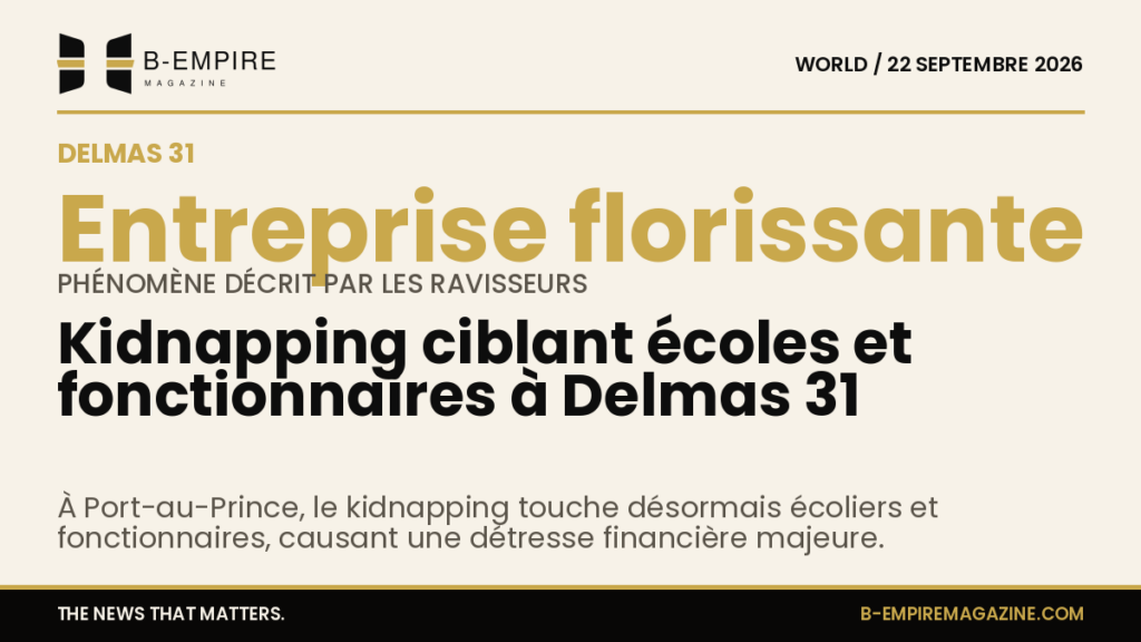 Illustration sombre montrant une rue de Delmas 31 à Port-au-Prince avec une silhouette menaçante symbolisant le kidnapping