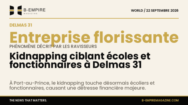 Illustration sombre montrant une rue de Delmas 31 à Port-au-Prince avec une silhouette menaçante symbolisant le kidnapping