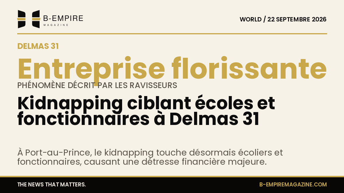 Illustration sombre montrant une rue de Delmas 31 à Port-au-Prince avec une silhouette menaçante symbolisant le kidnapping
