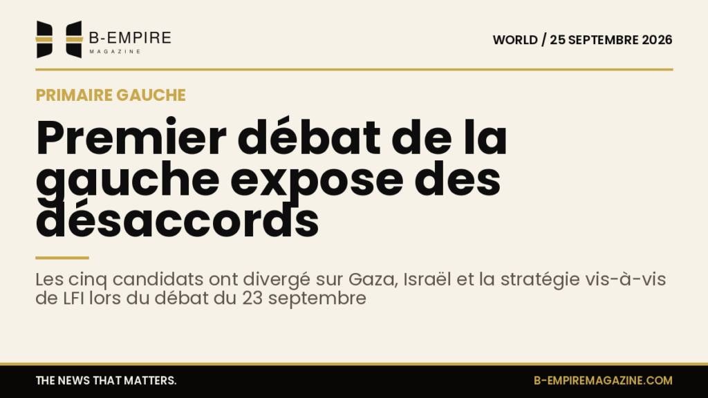 Cinq candidats lors d'un débat politique à la primaire de la gauche, en studio avec fond neutre