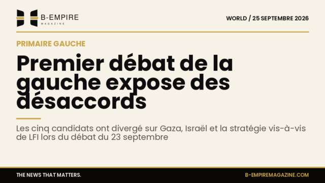 Cinq candidats lors d'un débat politique à la primaire de la gauche, en studio avec fond neutre