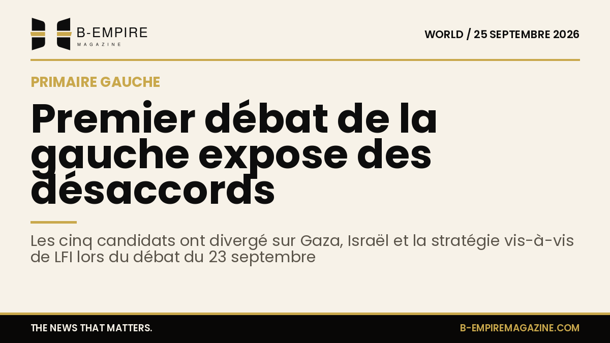 Cinq candidats lors d'un débat politique à la primaire de la gauche, en studio avec fond neutre
