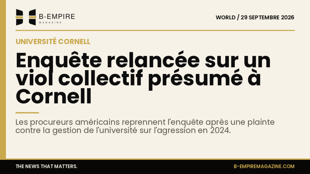 Logo de l'université Cornell sur fond papier avec une bande or et titre en encre