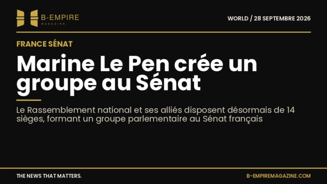 Visuel avec titre blanc et or sur fond noir annonçant la création d'un groupe parlementaire par Marine Le Pen au Sénat