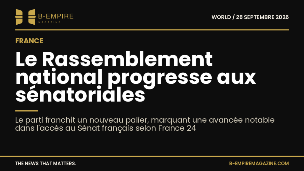 Visuel sombre avec titre blanc et or annonçant la progression du Rassemblement national aux sénatoriales françaises