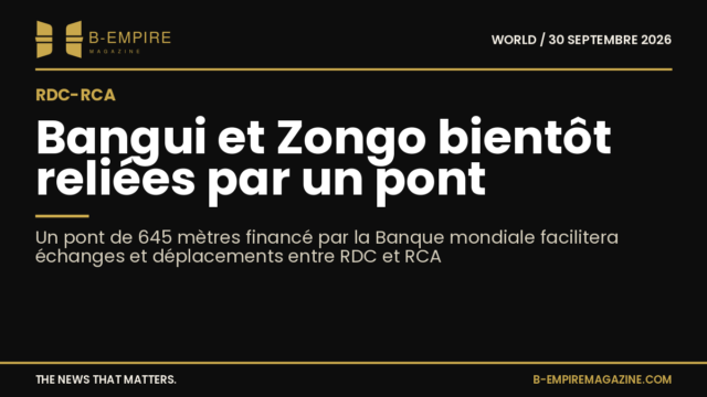 Illustration stylisée d’un pont long de 645 mètres reliant deux rives symbolisant Bangui et Zongo