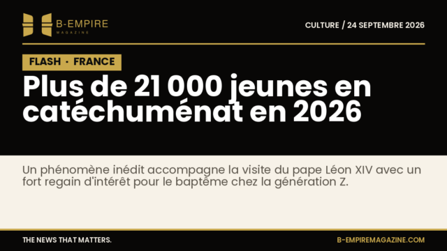 Visuel avec bloc noir FLASH et texte en or annonçant plus de 21 000 jeunes en catéchuménat en France en 2026