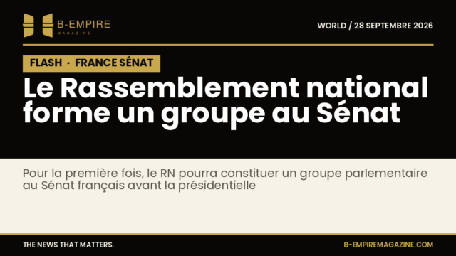 Visuel avec bloc noir marqué FLASH et texte blanc et or annonçant la formation du groupe RN au Sénat français
