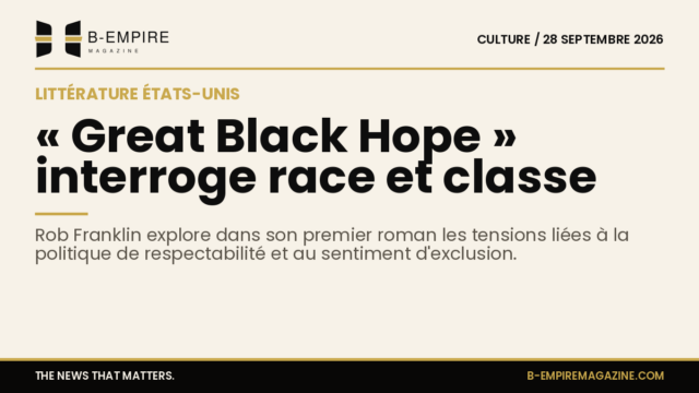 Couverture du roman « Great Black Hope » de Rob Franklin avec des motifs graphiques et un titre en lettres majuscules dorées sur fond papier.