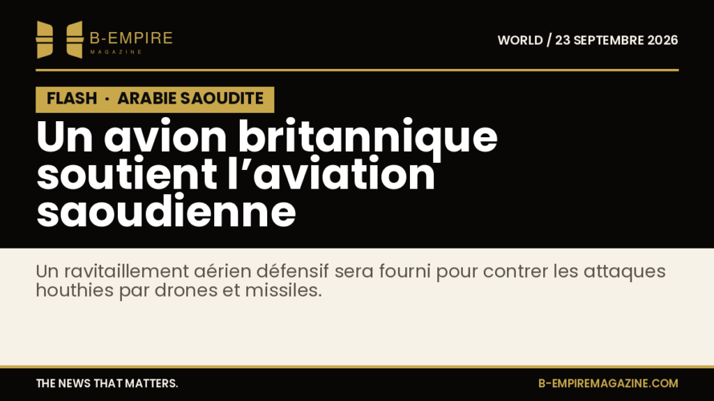 Avion militaire britannique en vol sur fond de ciel bleu, illustrant le ravitaillement aérien défensif