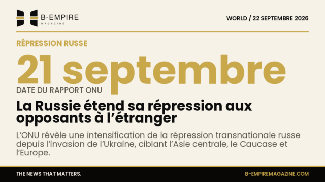 Graphique sobre mettant en avant la date 21 septembre sur un fond encre avec des éléments dorés rappelant la Russie et l’ONU.