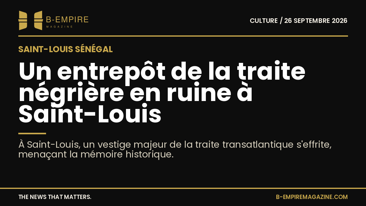 Photographie d'un entrepôt historique en ruine à Saint-Louis, Sénégal, vestige de la traite négrière transatlantique.