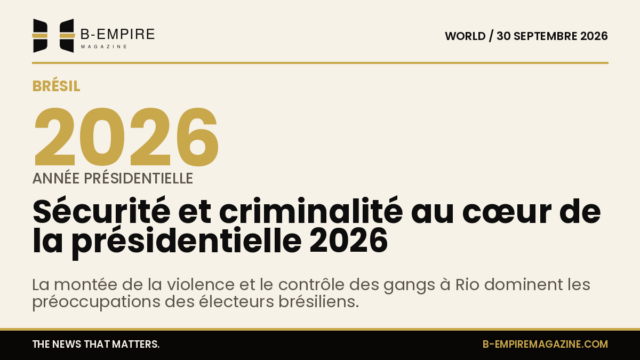 Graphique mettant en avant l'année 2026 avec un fond évoquant la sécurité au Brésil et des éléments visuels sur la violence urbaine à Rio de Janeiro.
