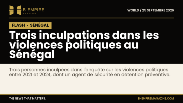 Texte sur fond noir indiquant trois inculpations dans l’enquête sur les violences politiques au Sénégal entre 2021 et 2024