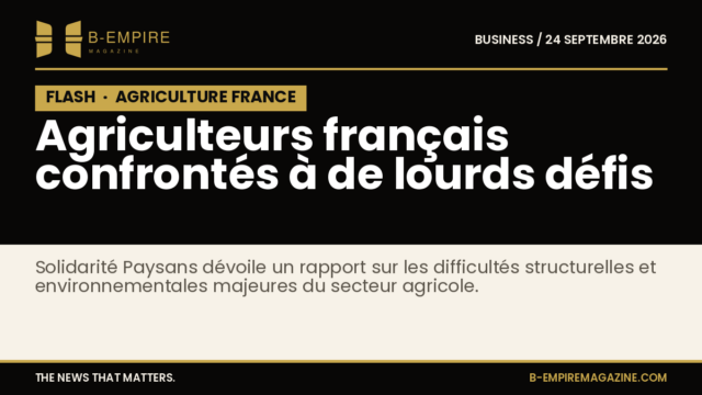 Visuel avec fond noir et bloc FLASH en noir avec texte blanc et or sur les défis des agriculteurs français selon Solidarité Paysans.