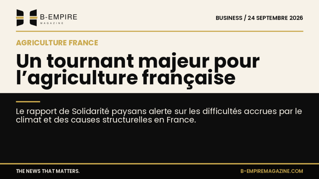 Visuel split avec moitié fond papier et moitié fond noir, texte sur l'alerte pour l’agriculture française de Solidarité Paysans