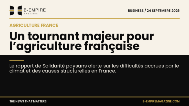Visuel split avec moitié fond papier et moitié fond noir, texte sur l'alerte pour l’agriculture française de Solidarité Paysans