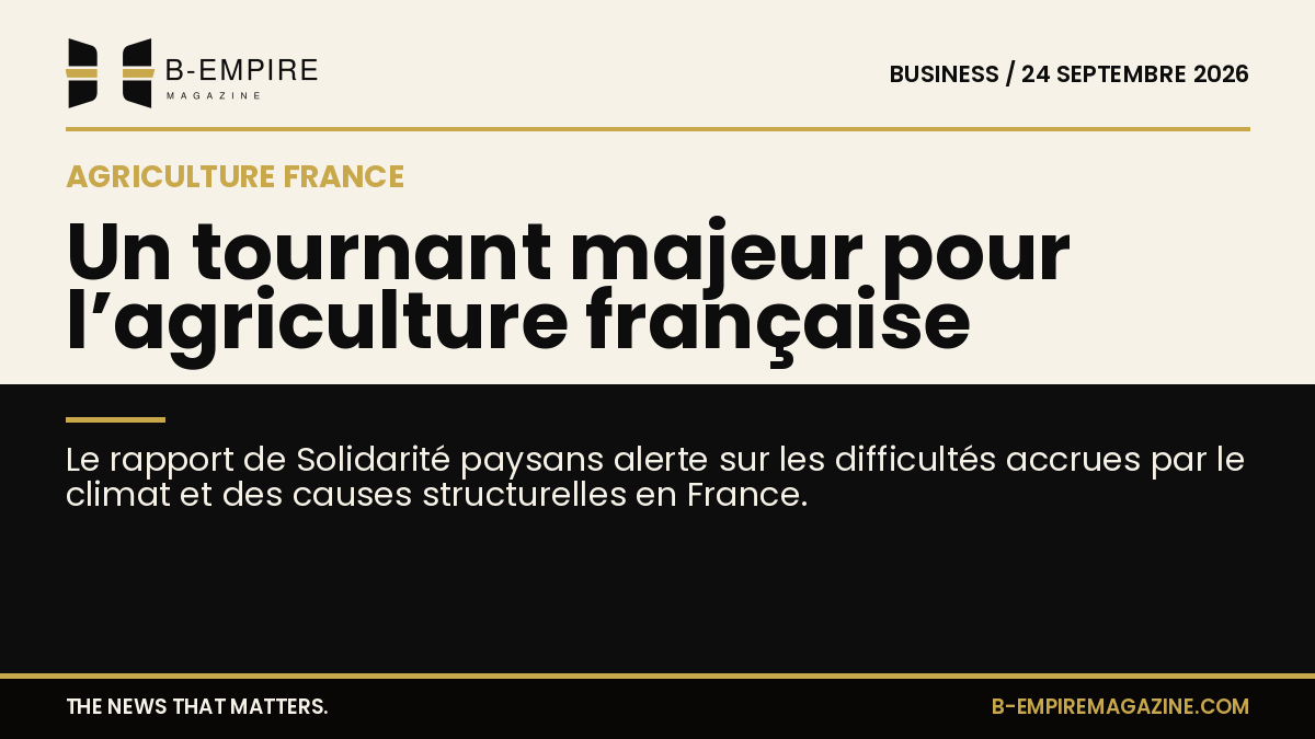 Visuel split avec moitié fond papier et moitié fond noir, texte sur l'alerte pour l’agriculture française de Solidarité Paysans