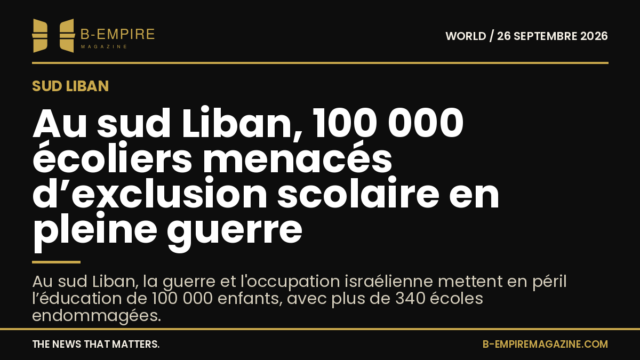 Carte stylisée du sud Liban avec représentation d’écoles endommagées et zones d’occupation israélienne en or sur fond noir.