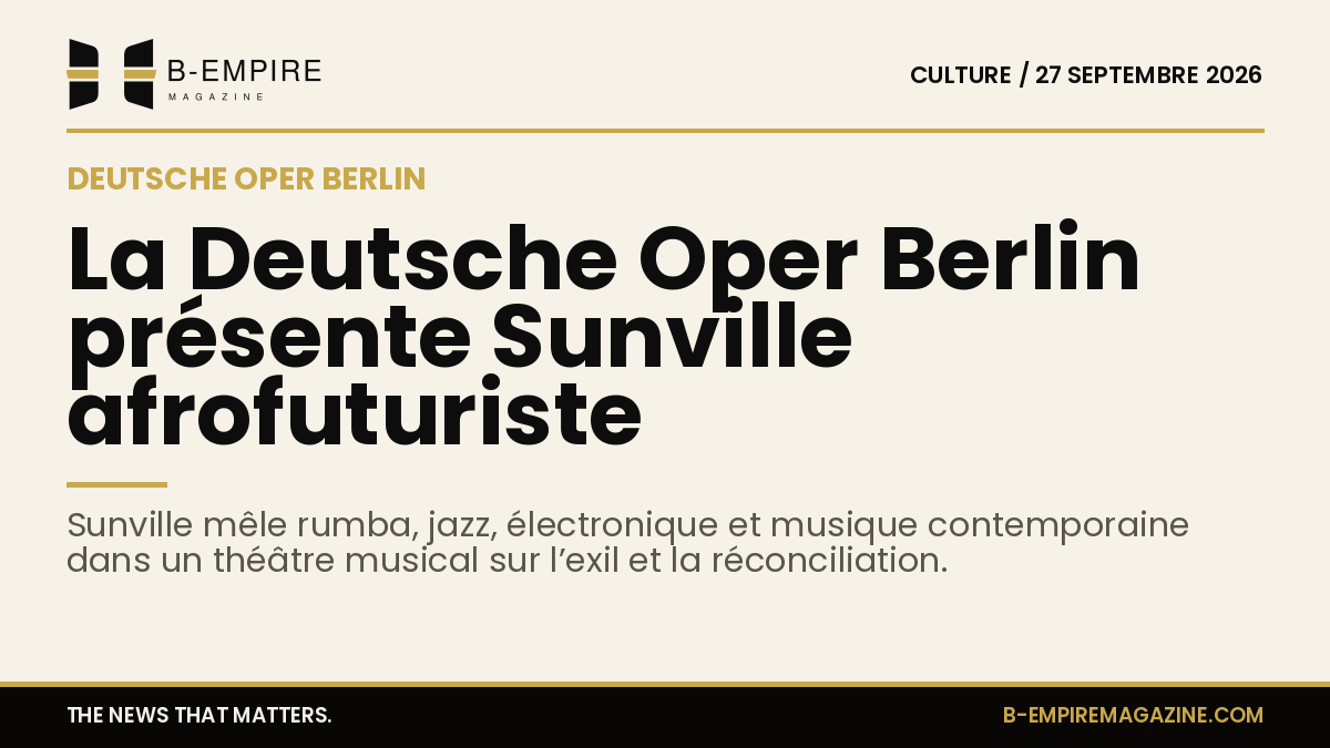 Affiche de Sunville, théâtre musical afrofuturiste à la Deutsche Oper Berlin, avec des motifs colorés et abstraits évoquant la diversité culturelle.