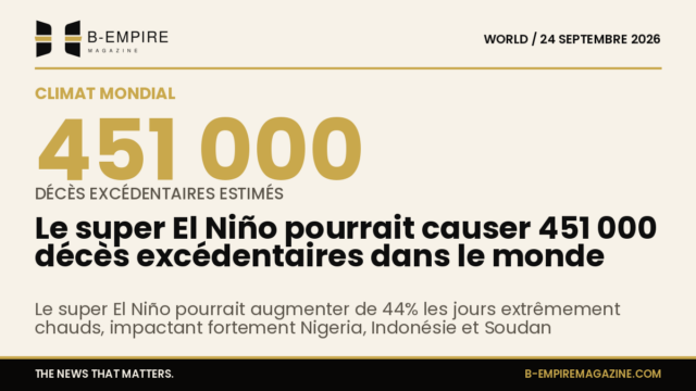 Graphique illustrant le super El Niño 2026 avec un chiffre de 451 000 décès excédentaires et une carte des pays les plus touchés