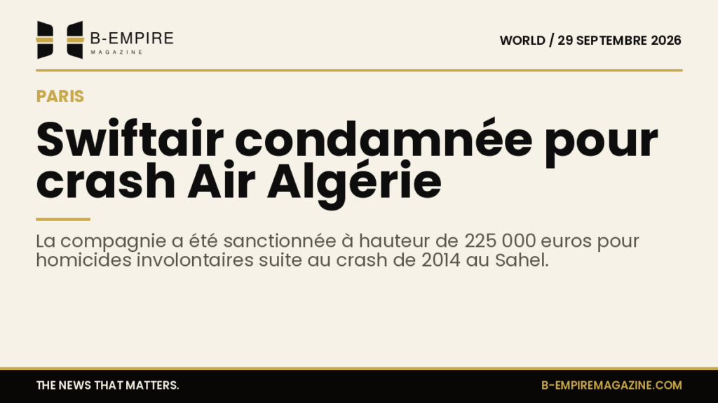 Visuel avec un chiffre 225 000 euros en or sur fond papier, évoquant la condamnation de Swiftair pour le crash du vol Air Algérie en 2014.