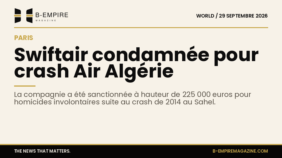 Visuel avec un chiffre 225 000 euros en or sur fond papier, évoquant la condamnation de Swiftair pour le crash du vol Air Algérie en 2014.