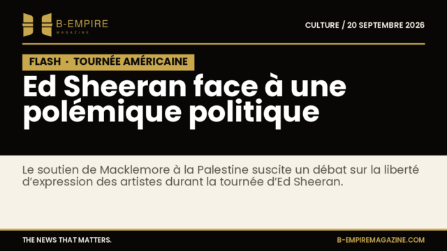 Visuel noir avec un bloc noir marqué FLASH et texte blanc et or annonçant la polémique politique autour d’Ed Sheeran et Macklemore.
