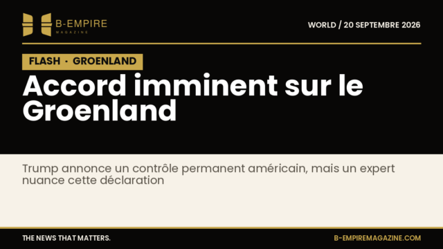 Titre blanc sur fond noir avec bande noire FLASH en haut, texte court sur accord américain au Groenland
