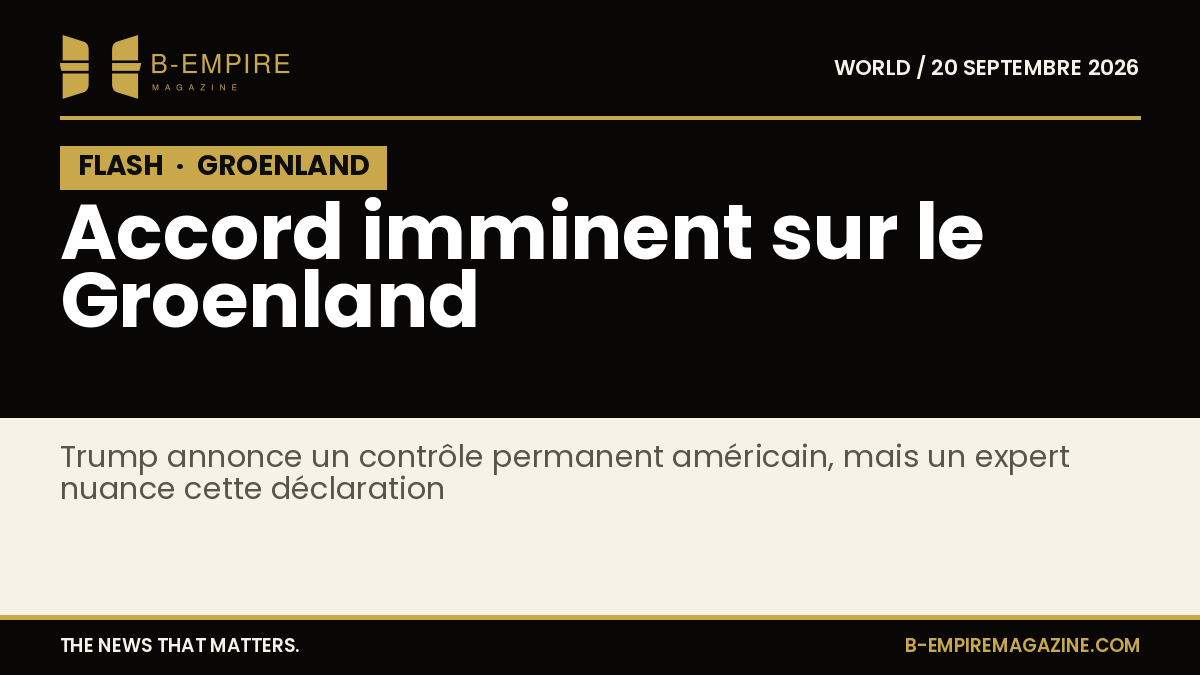 Titre blanc sur fond noir avec bande noire FLASH en haut, texte court sur accord américain au Groenland