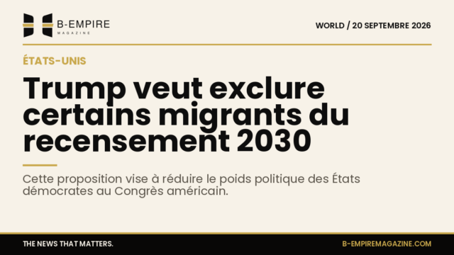 Titre sur fond papier avec texte noir : Trump propose d’exclure certains migrants du recensement américain de 2030