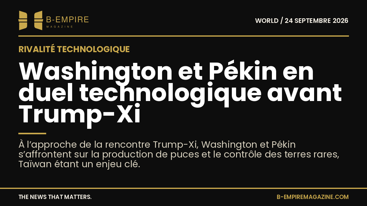Image symbolique représentant la rivalité technologique entre Washington et Pékin avec des puces électroniques et des terres rares en arrière-plan.