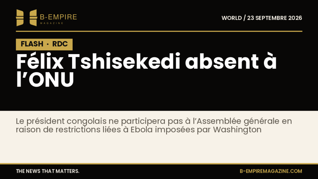 Visuel noir avec bloc FLASH en lettres or et texte blanc annonçant l'absence de Félix Tshisekedi à l'ONU liée à Ebola