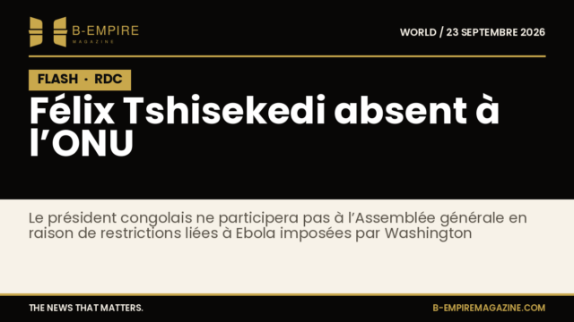 Visuel noir avec bloc FLASH en lettres or et texte blanc annonçant l'absence de Félix Tshisekedi à l'ONU liée à Ebola