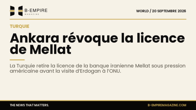 Texte sur fond papier avec le titre "Ankara révoque la licence de Mellat" en encre noire.
