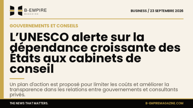 Visuel avec une bande or sur fond papier et un titre encre sur la dépendance des États aux cabinets de conseil selon l'UNESCO.
