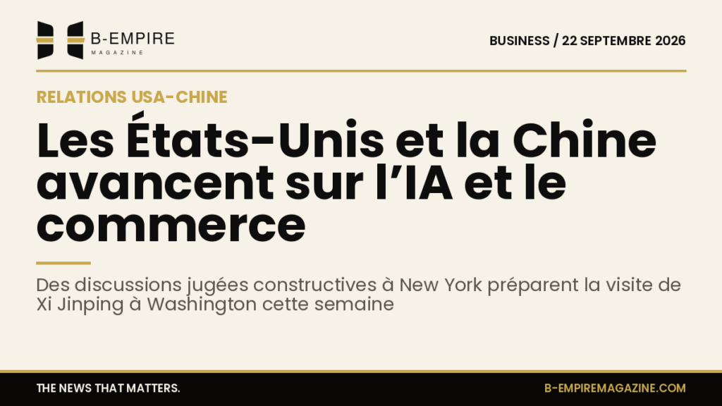 Visuels des drapeaux américain et chinois superposés avec des icônes de puce électronique symbolisant l’intelligence artificielle sur fond papier encre or